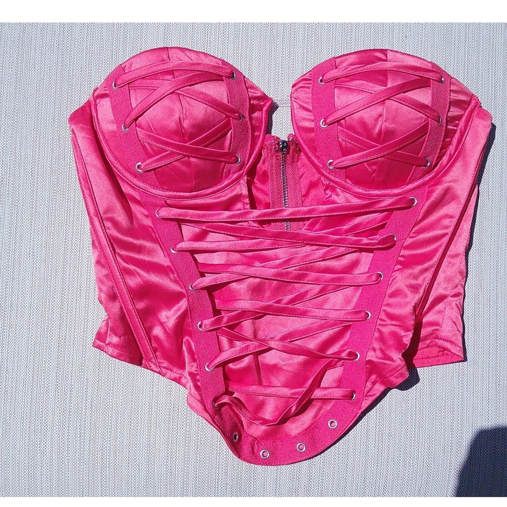 Hot Pink Satin Lace Up Corset Bustier Top Sweetheart Neckline CoquetteXS